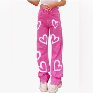 NWT Pink high-waist boyfriend straight-leg jeans with white hearts, XS
